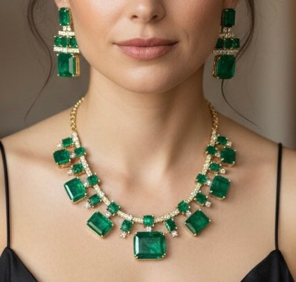 Emerald & Diamond Necklace Set – Luxury Gold Holiday Statement Jewelry