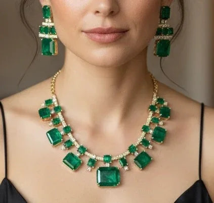 Emerald & Diamond Necklace Set – Luxury Gold Holiday Statement Jewelry - BeautySutra by Shikha