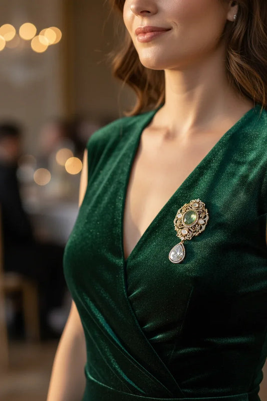 Gold Brooch Pendant – Emerald Cabochon & Diamond Drop - BeautySutra by Shikha