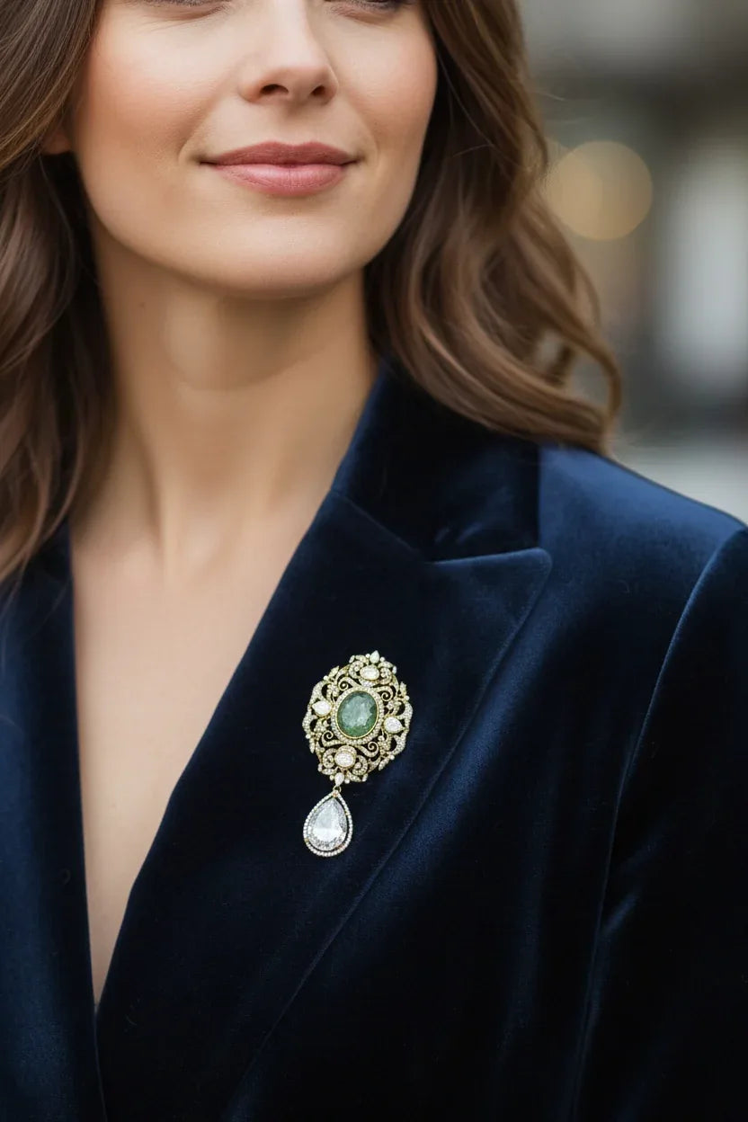 Gold Brooch Pendant – Emerald Cabochon & Diamond Drop - BeautySutra by Shikha