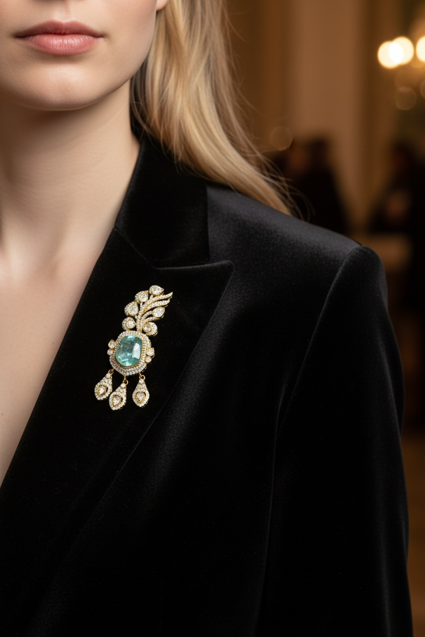 Vintage Gold Pendant Brooch – Aquamarine Halo & Diamond Dangles