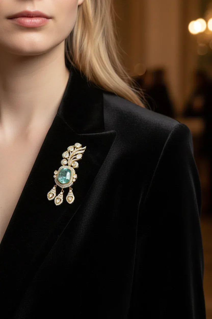 Vintage Gold Pendant Brooch – Aquamarine Halo & Diamond Dangles - BeautySutra by Shikha