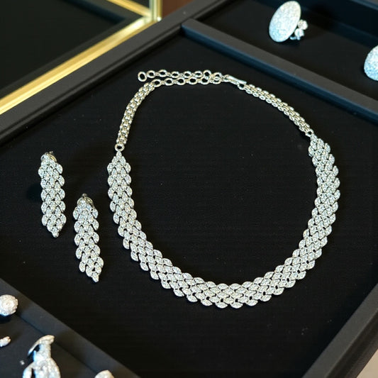 Silver CZ Diamond Braided Statement Necklace Set Holiday Jewelry