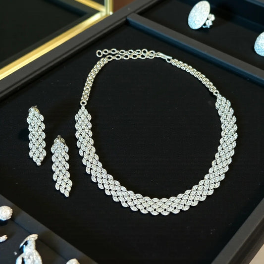 Silver CZ Diamond Braided Statement Necklace Set Holiday Jewelry - BeautySutra by Shikha