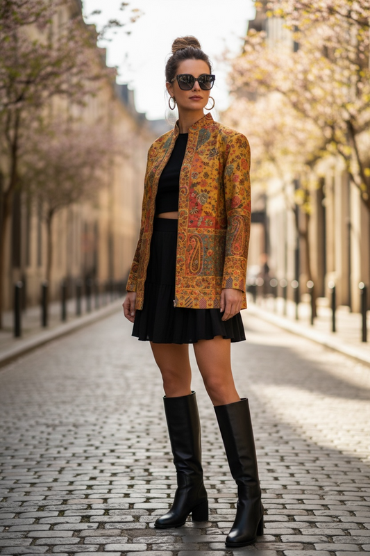 Mustard Paisley Print Woolen Indo-Western Jacket for Women | Lightweight Winter Ethnic Jacket – BeautySutra by Shikha