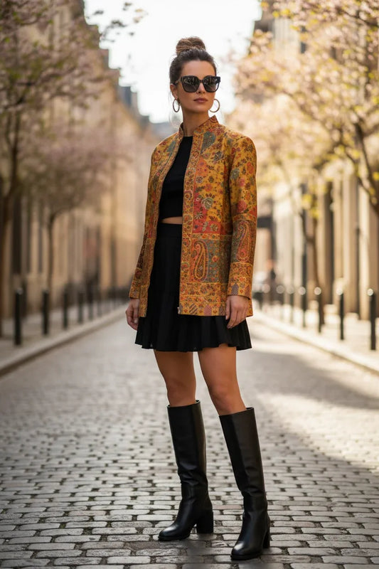 Mustard Paisley Print Woolen Indo-Western Jacket for Women | Lightweight Winter Ethnic Jacket β BeautySutra by Shikha - BeautySutra by Shikha