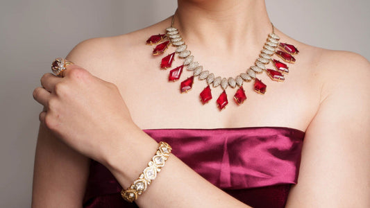 Red Gem Halo Necklace & Earrings Set - Beautysutra