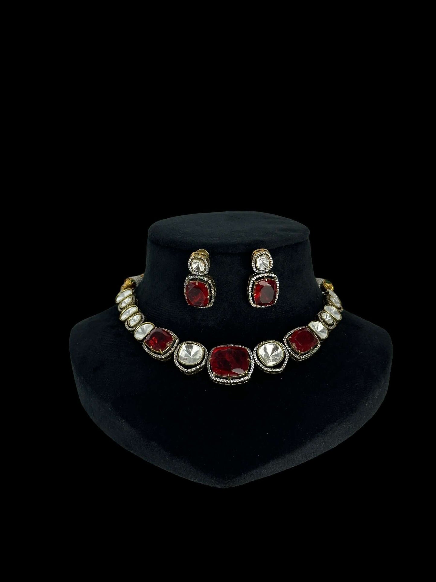 Polki & Red Doublet stones necklace and earring set - Beauty Sutra by Shikha