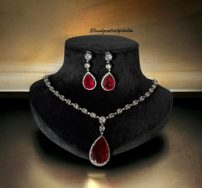 Ruby Necklace & Earring Set with CZ Diamonds – Elegant Ruby & Diamond Jewelry for Women