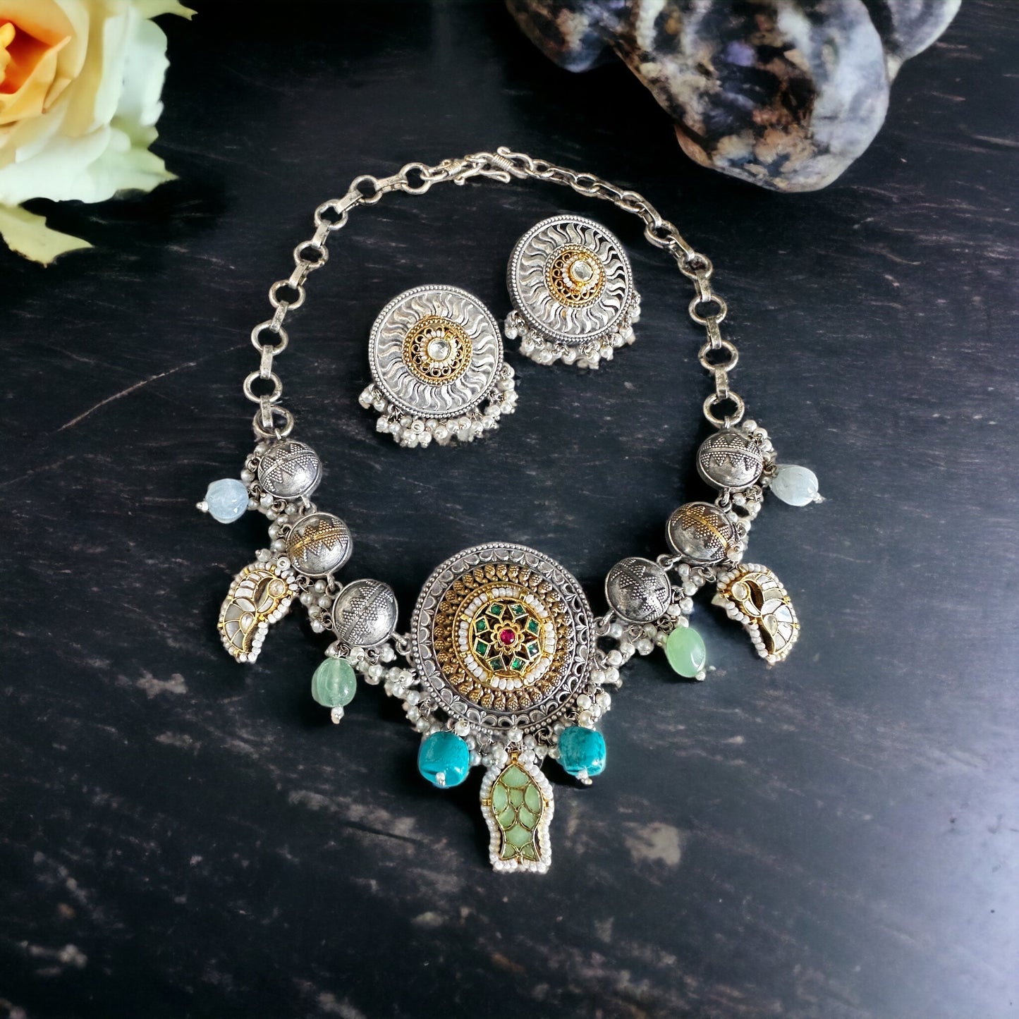 Silver look alike fusion necklace set - Beauty Sutra by Shikha