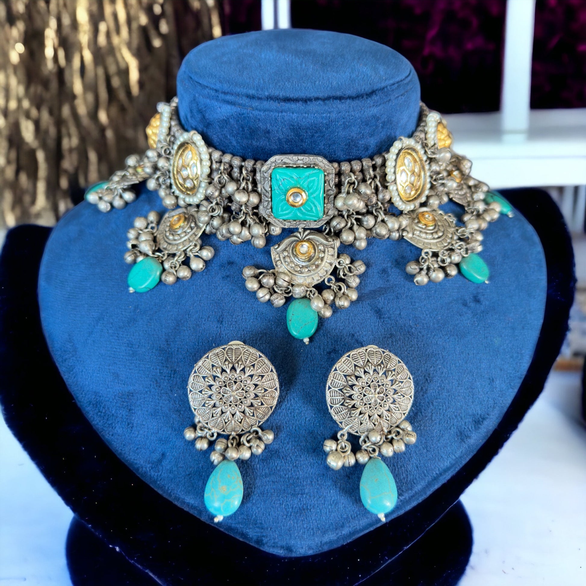 Silver look alike necklace set with Turquoise stones - Beauty Sutra by Shikha