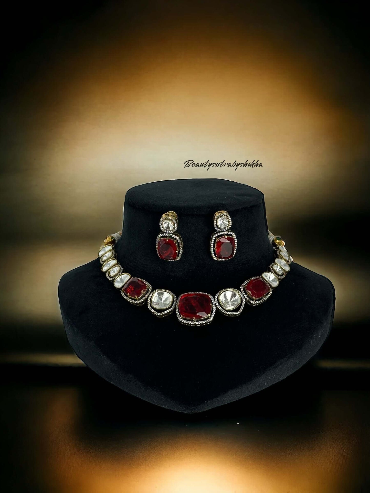 Polki & Red Doublet stones necklace and earring set - Beauty Sutra by Shikha