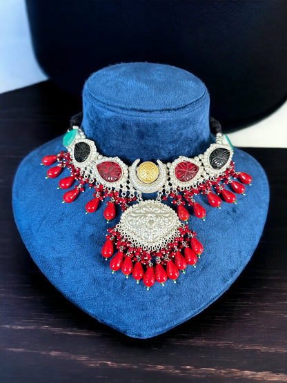 Handcrafted silver choker necklaces with red, green, and aqua blue drops - Valentine's Special Collection