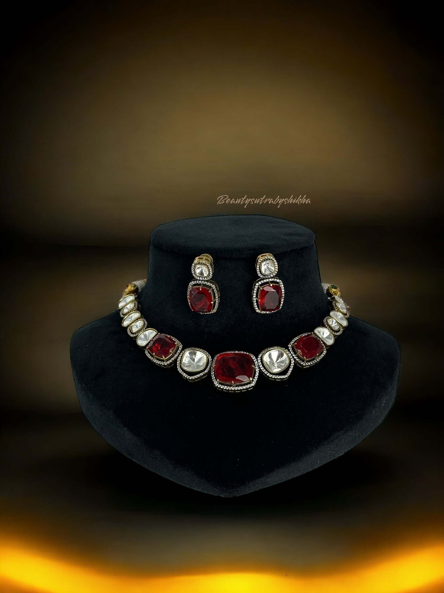 Polki & Red Doublet stones necklace and earring set - Beauty Sutra by Shikha