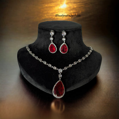 Ruby Necklace & Earring Set with CZ Diamonds – Elegant Ruby & Diamond Jewelry for Women