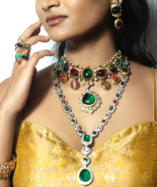 Navratna Kundan Choker Necklace with Green Pendant | Bridal Heritage Jewelry
