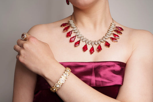 Red Gem Halo Necklace & Earrings Set - Beautysutra