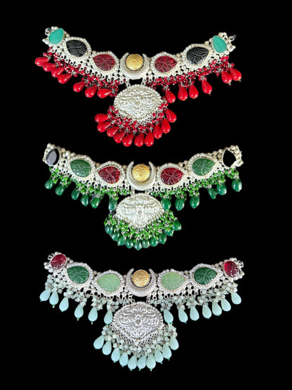 Handcrafted silver choker necklaces with red, green, and aqua blue drops - Valentine's Special Collection