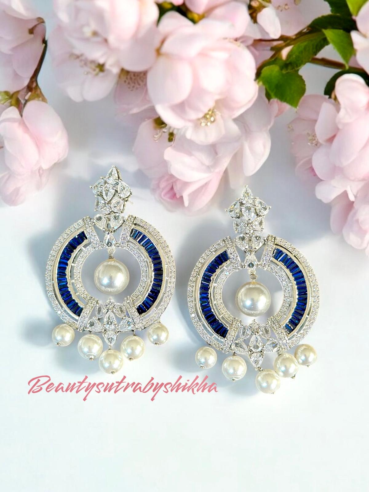 Stunning Blue and White  Zirconia Chaanbali Earrings