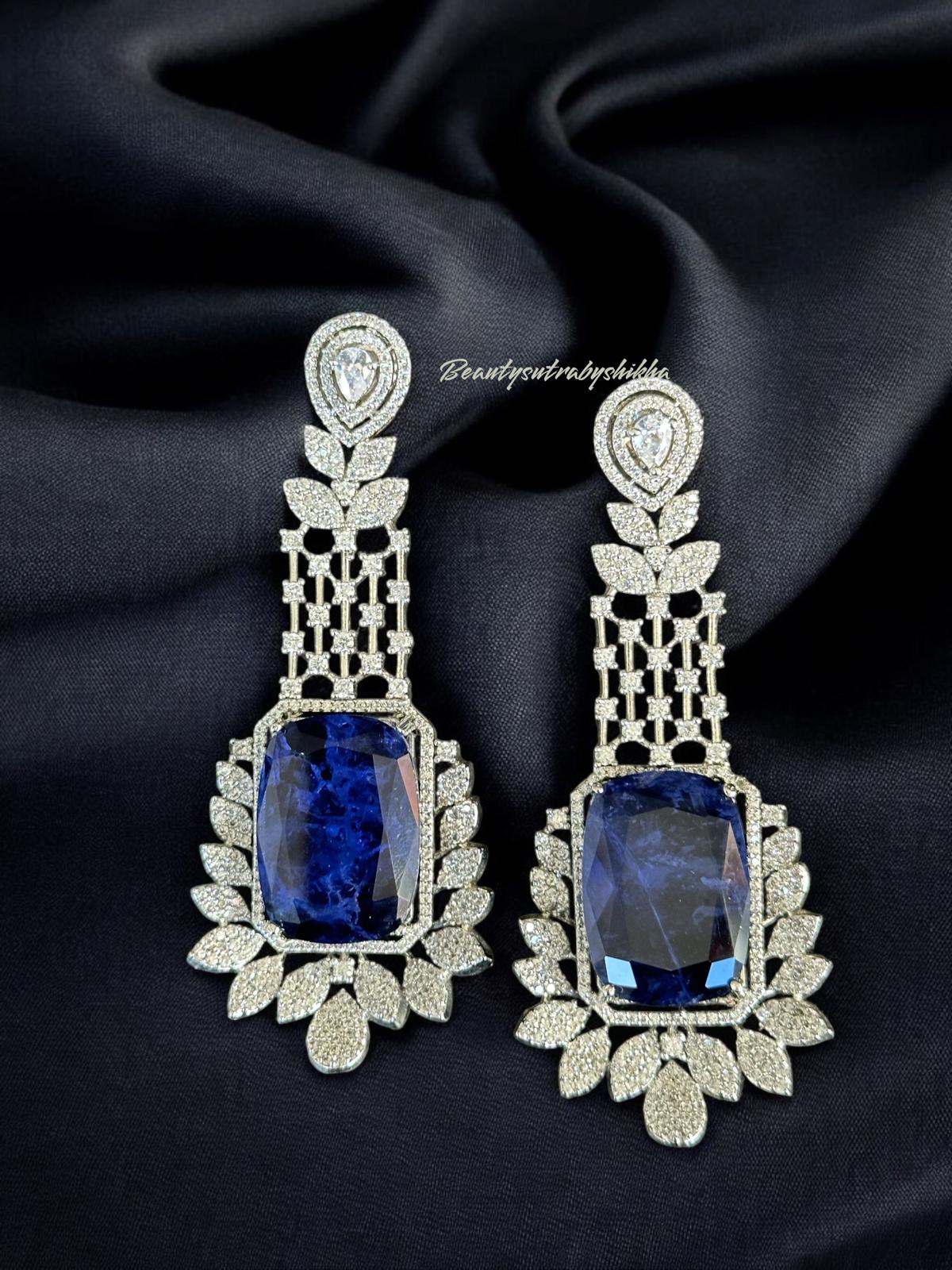 Blue Rhodium Polish Gemstone Dangle Earrings