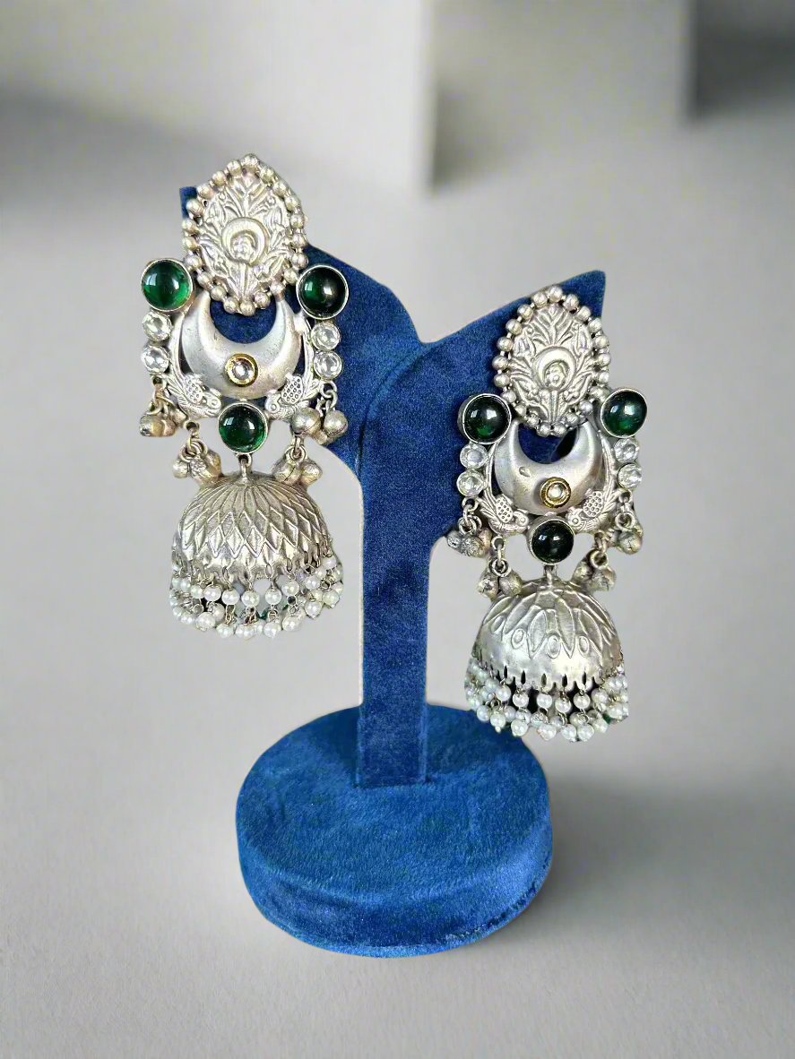 Enhance Your Dandiya Look with Exquisite Silver lookalike Jhumka Earrings