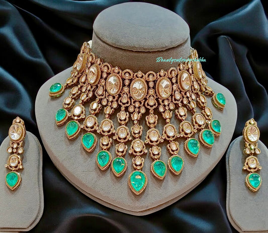Emerald Polki Choker Necklace Set – Luxury Kundan Bridal Jewelry with Matching Earrings | BeautySutra by Shikha