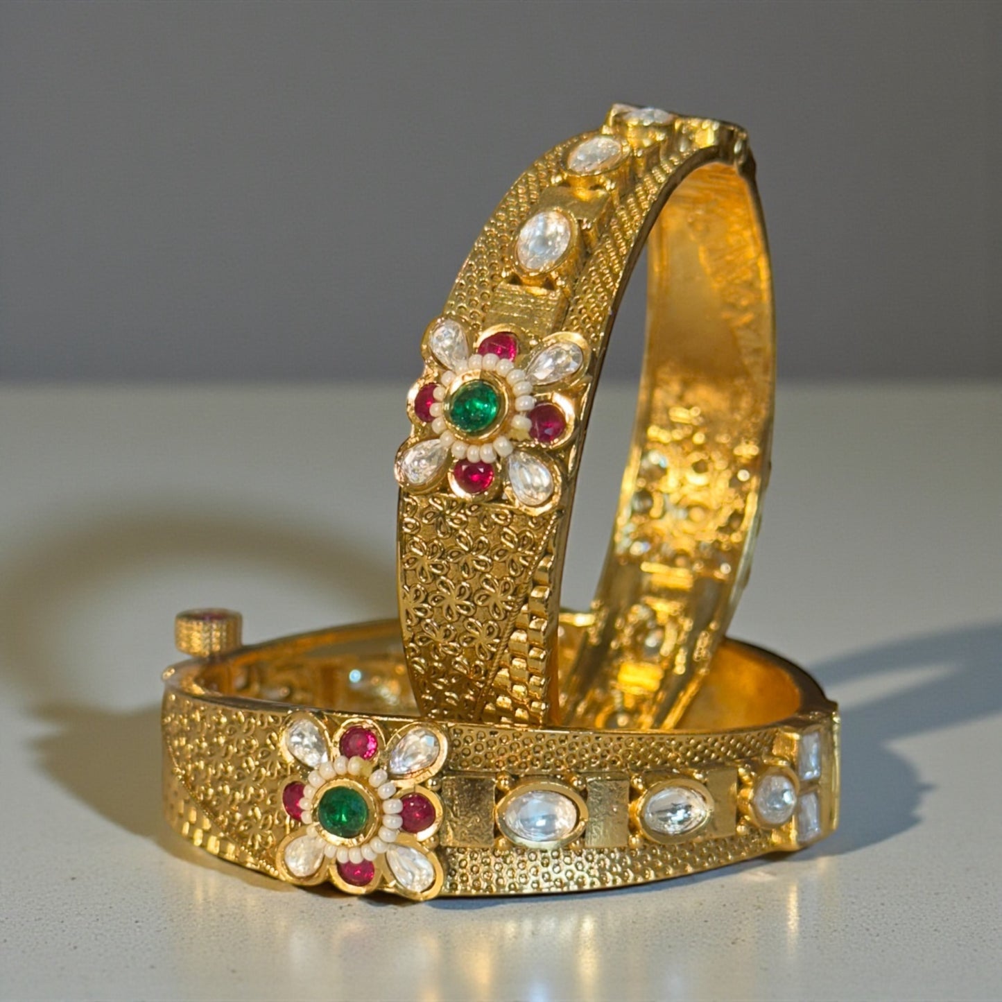 Royal Navratna Bloom Kundan Gold-Tone Bridal Bangles