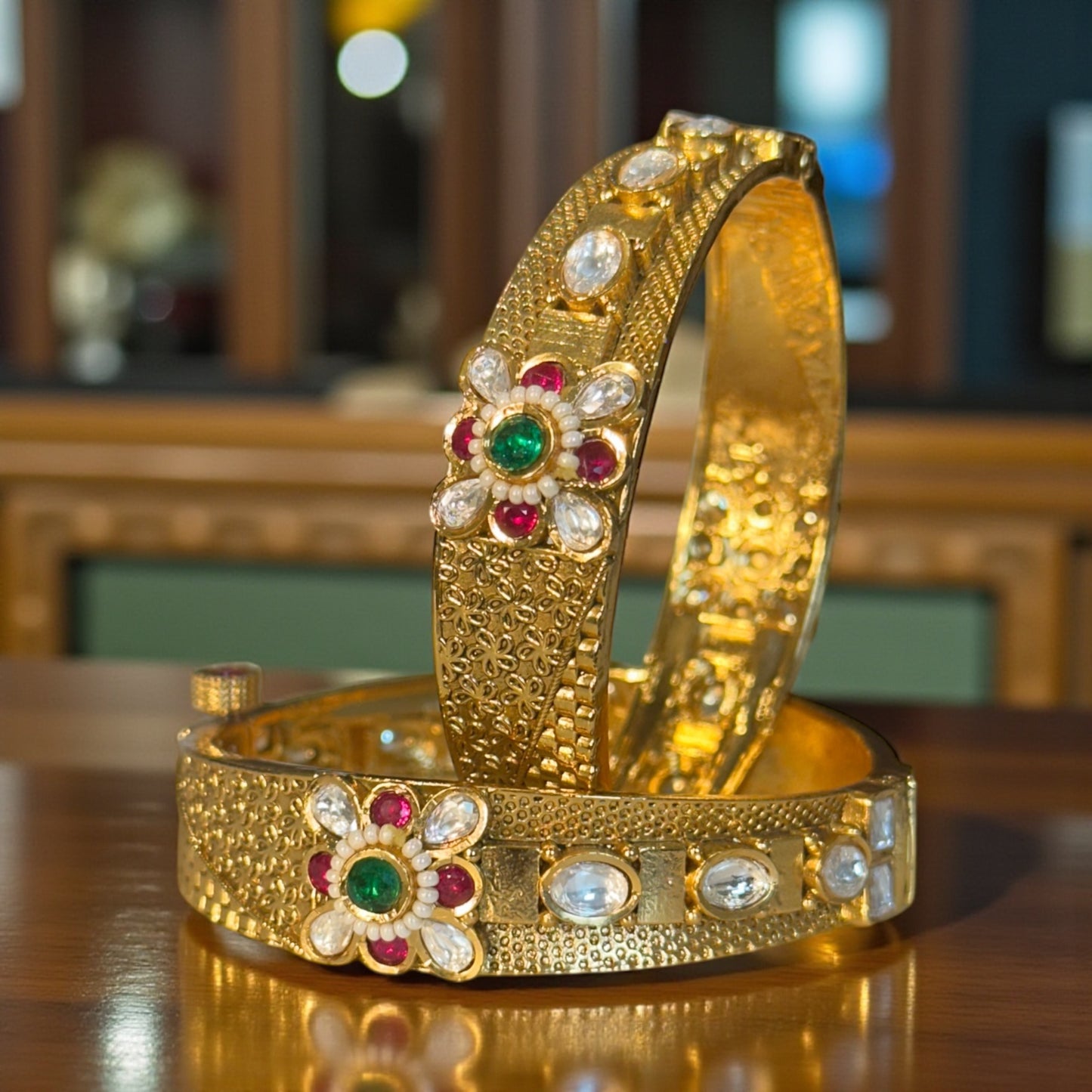 Royal Navratna Bloom Kundan Gold-Tone Bridal Bangles