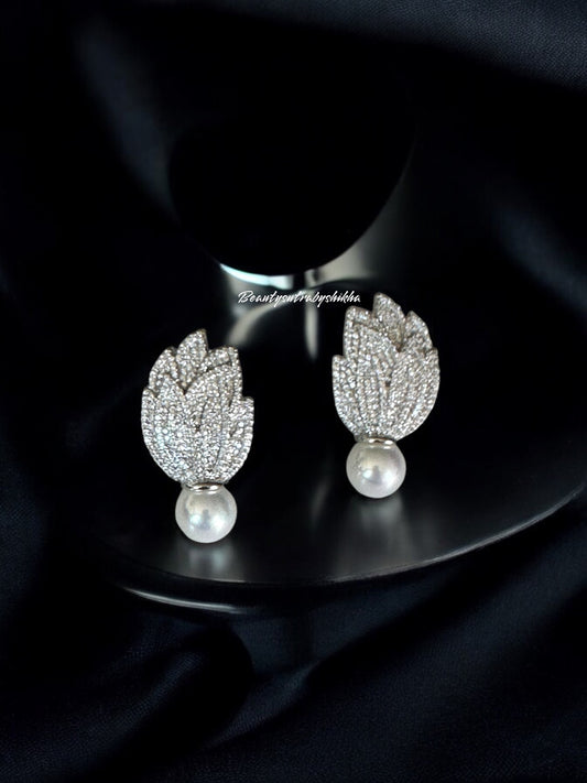 Elegant Leaf-Shaped CZ Diamond Earrings with Pearl Drop - Luxurious Jewelry by Beauty Sutra