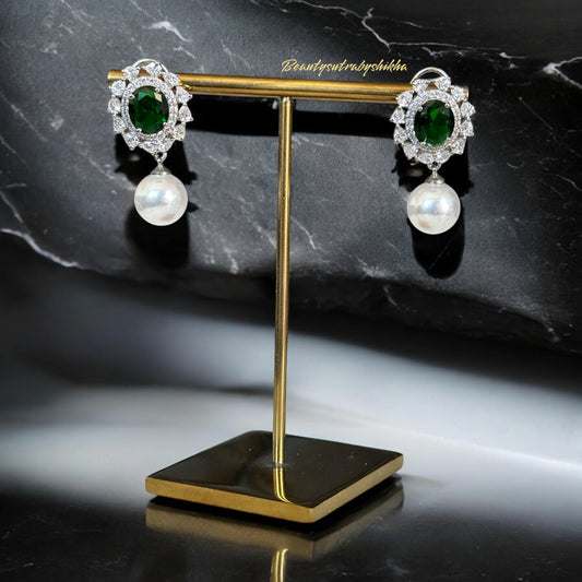 Elegant Emerald and CZ Diamond Earrings with Pearl Drop - Luxurious Jewelry