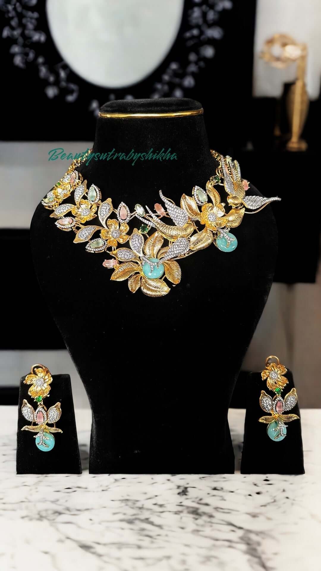 Beautiful Hand Crafted dual tone bird inspired design with turquoise and pink stone set - Beauty Sutra by Shikha