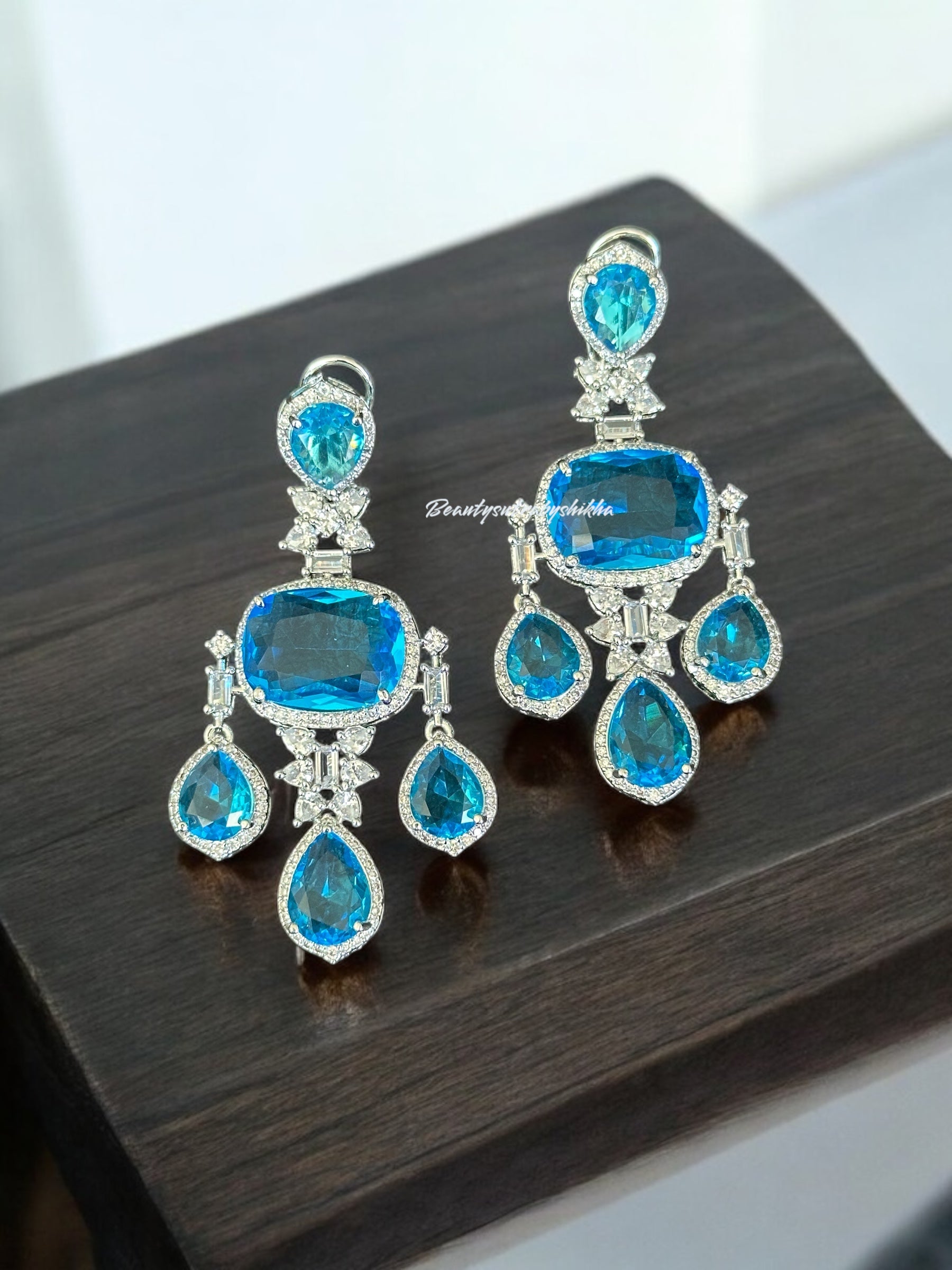 Luxury Blue Statement Earrings – Silver Crystal Dangle Earrings for Weddings & Parties | BeautySutra by Shikha