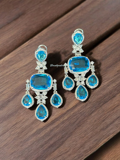 Luxury Blue Statement Earrings – Silver Crystal Dangle Earrings for Weddings & Parties | BeautySutra by Shikha