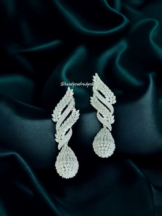 Silver CZ Teardrop Dangling Earrings | American Diamond Leaf Pattern Jewelry