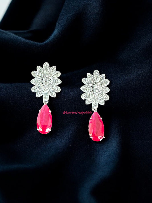 Floral Diamond-Style Stud Earrings with Ruby Red Teardrop