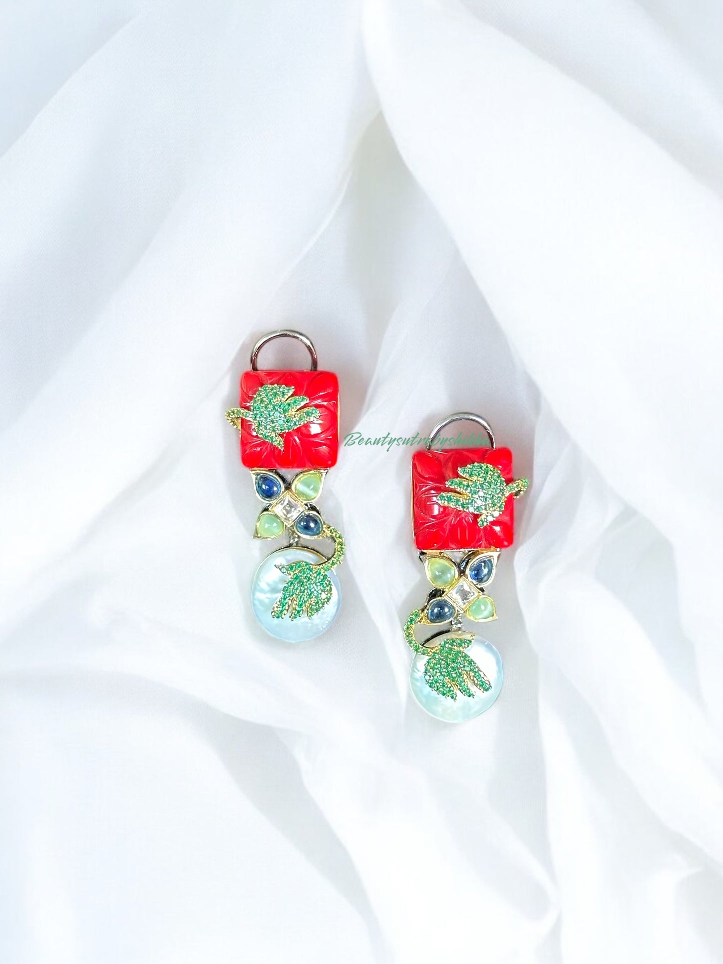 Statement Red & Pearl Drop Earrings with Enamel Leaf Detail