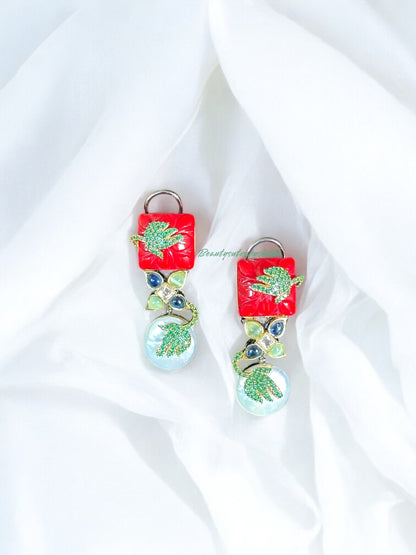 Statement Red & Pearl Drop Earrings with Enamel Leaf Detail