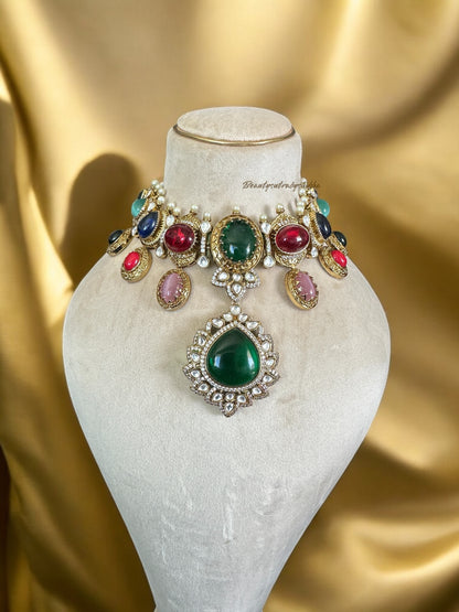 Navratna Kundan Choker Necklace with Green Pendant | Bridal Heritage Jewelry