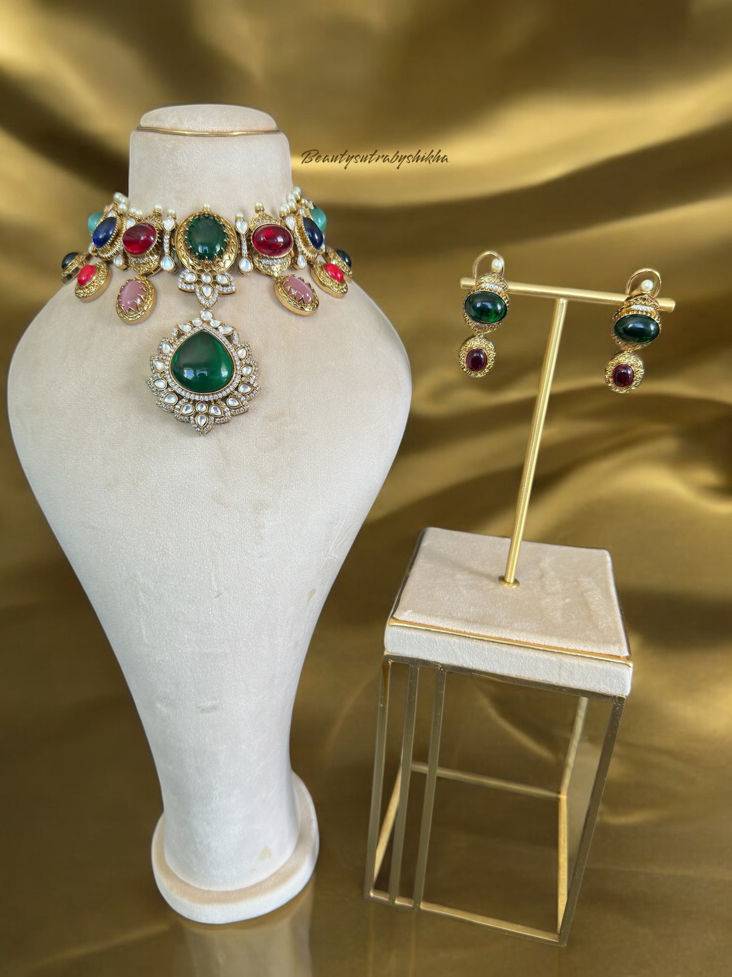 Navratna Kundan Choker Necklace with Green Pendant | Bridal Heritage Jewelry