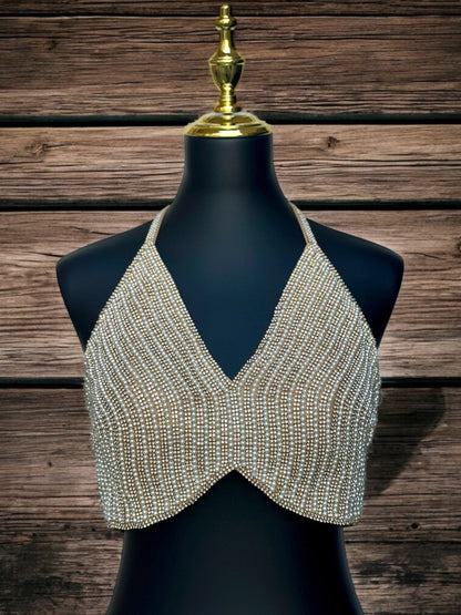 Pearl Halter Blouse – Chic Designer Crop Top for Wedding, Sangeet & Party Wear