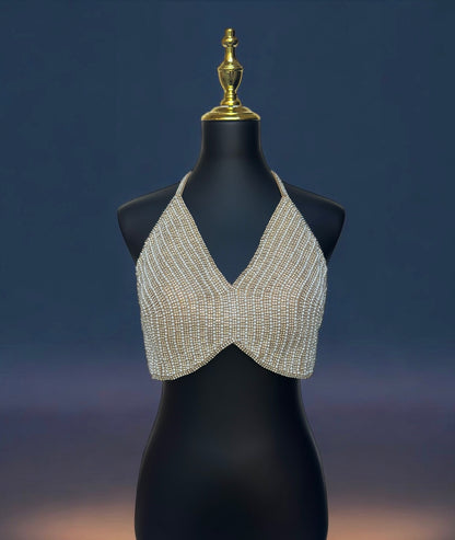 Pearl Halter Blouse – Chic Designer Crop Top for Wedding, Sangeet & Party Wear