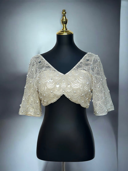 Hand-Embroidered Pearl Blouse – Designer Bridal Wear for Indian Weddings & Festive Occasions