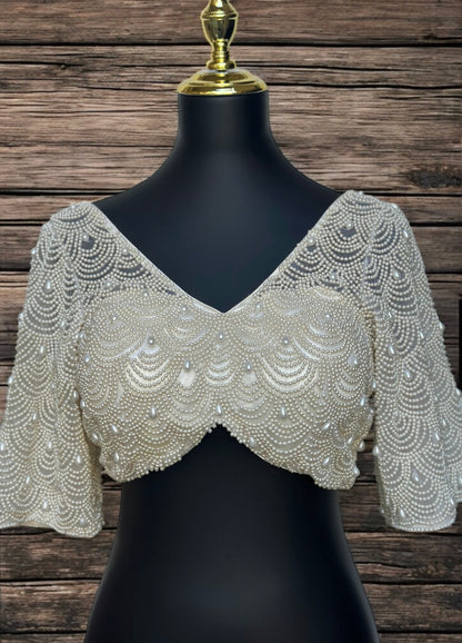 Hand-Embroidered Pearl Blouse – Designer Bridal Wear for Indian Weddings & Festive Occasions