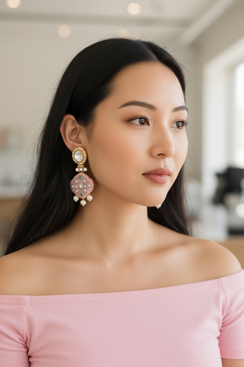 Blush Pink Kundan Pearl Earrings – Festive Holiday & Christmas Jewelry