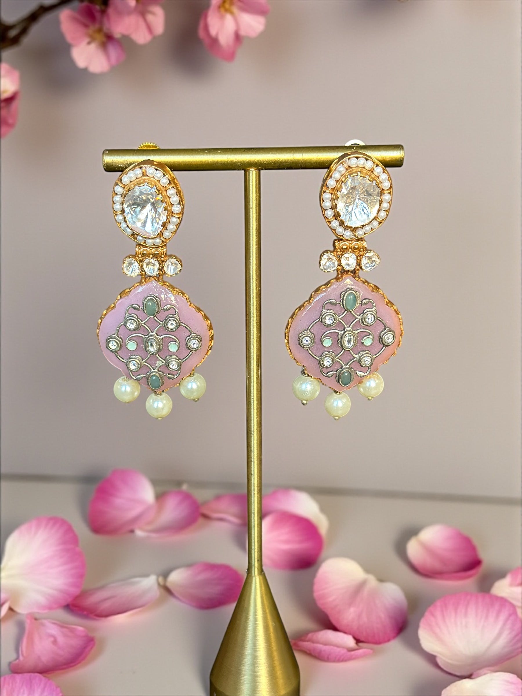 Blush Pink Kundan Pearl Earrings – Festive Holiday & Christmas Jewelry