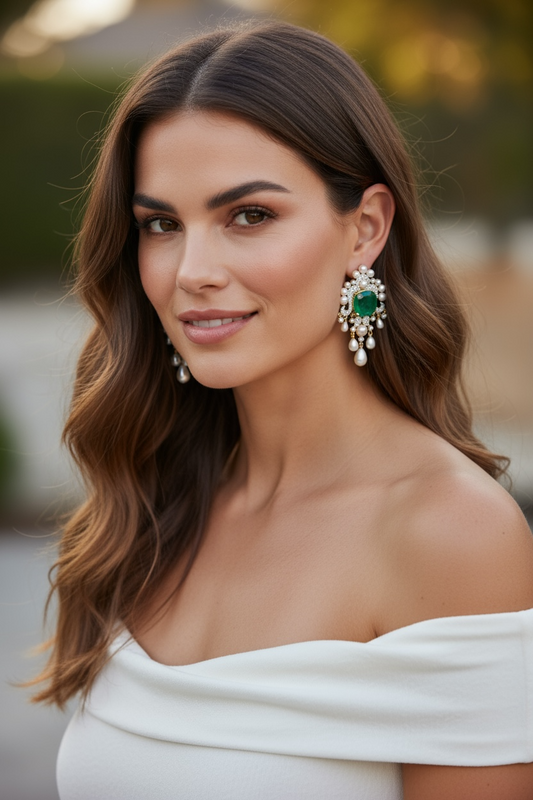 Emerald Green Kundan & Pearl Drop Earrings | Holiday Party Gift
