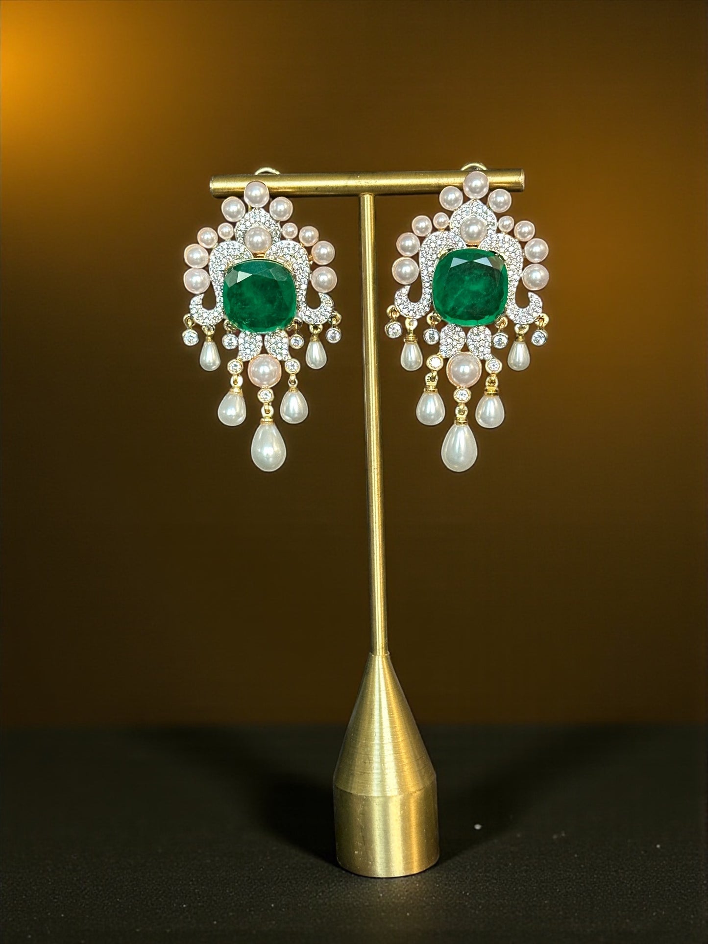 Emerald Green Kundan & Pearl Drop Earrings | Holiday Party Gift