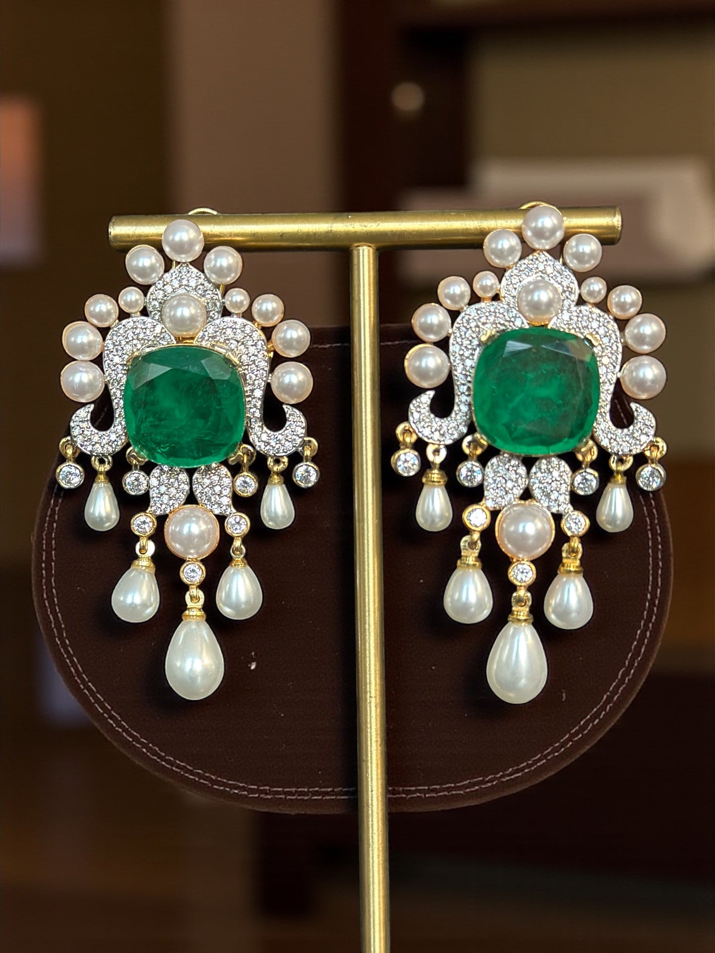 Emerald Green Kundan & Pearl Drop Earrings | Holiday Party Gift