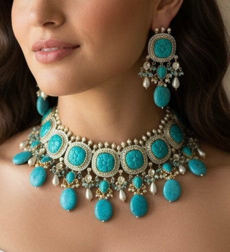 Turquoise Stone Bridal Choker Set – Holiday Glam Jewelry | Black Friday Offer