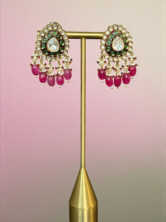 Gold Chandelier Earrings – Emerald Halo & Pearl Fringe